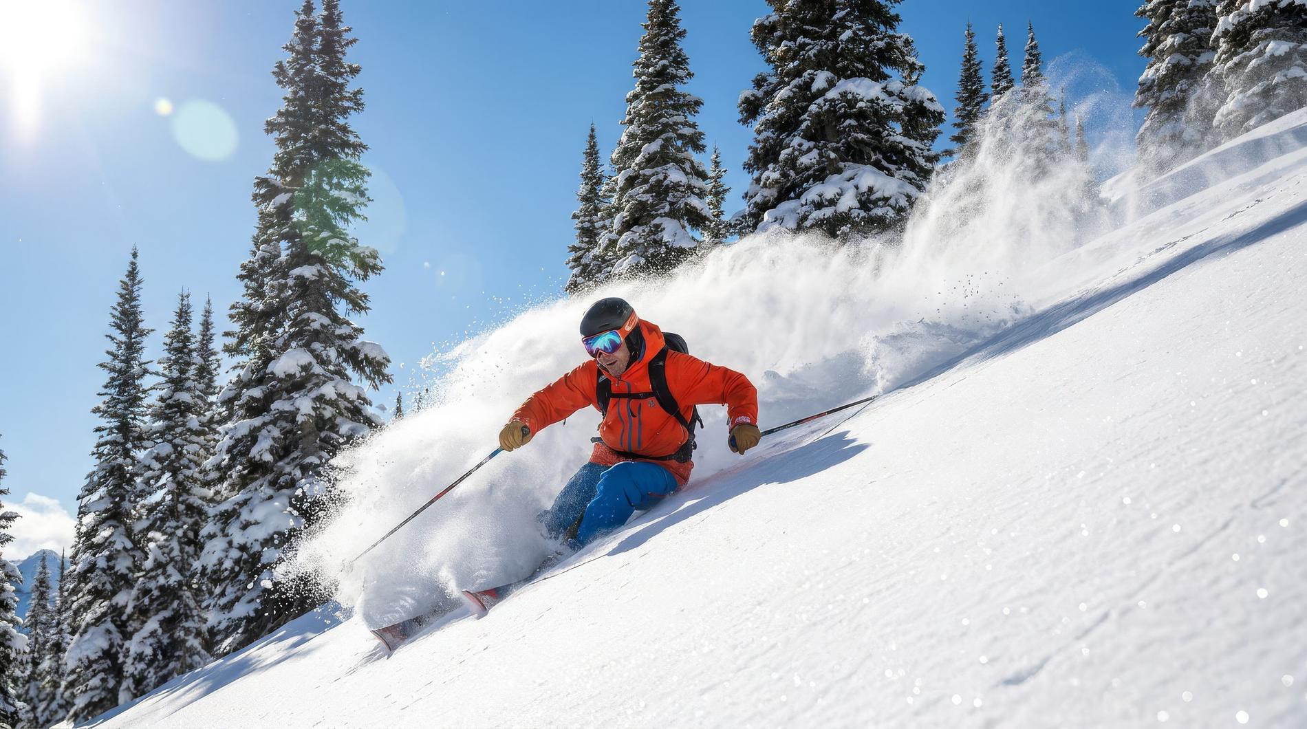A skier carving first tracks in deep powder