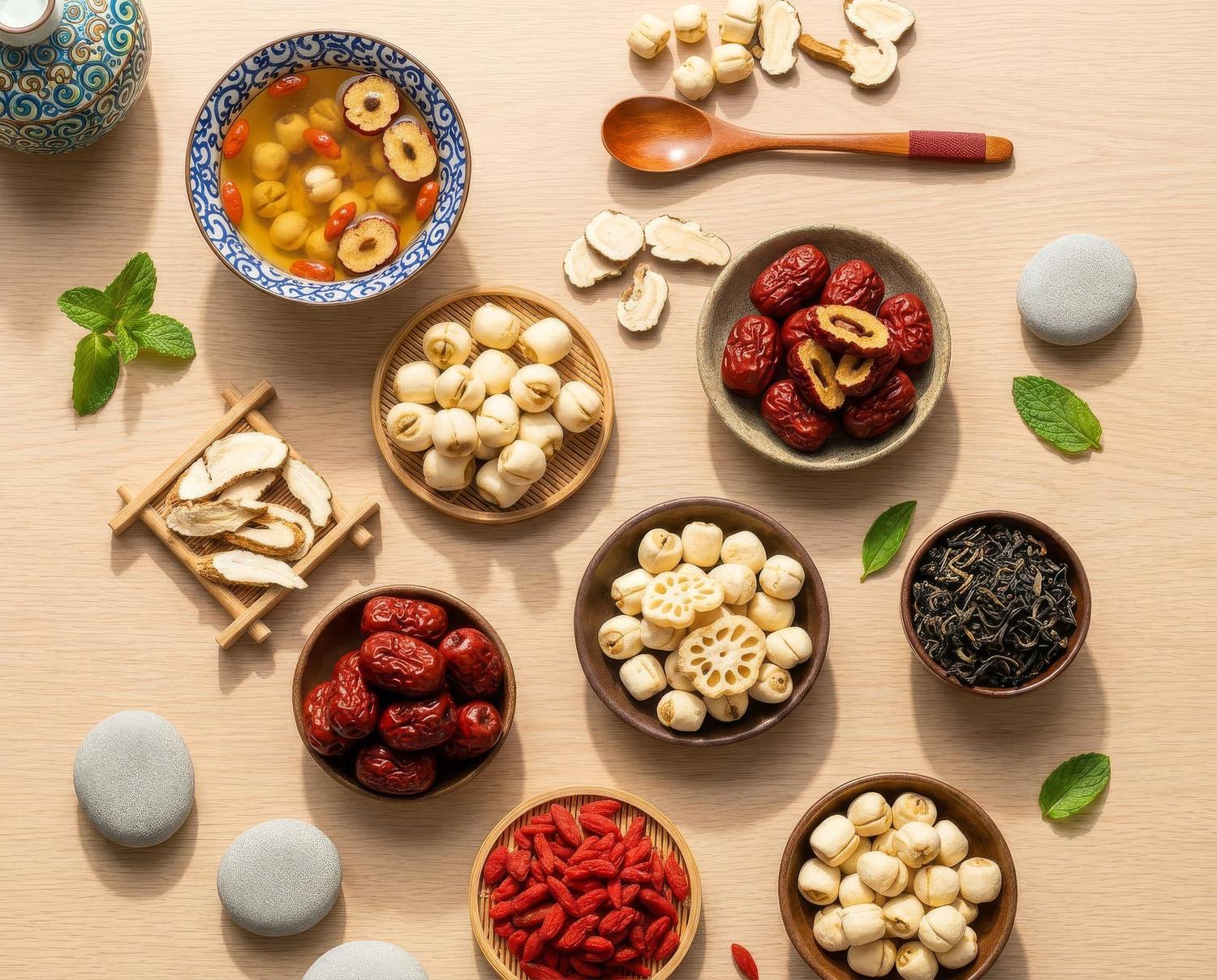 Dried jujube, goji, lotus seed, astragalus and tea laid out in bowls on a wooden table