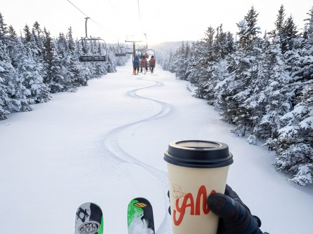 POV from a chairlift, holding a YAMA cup over a snowy run