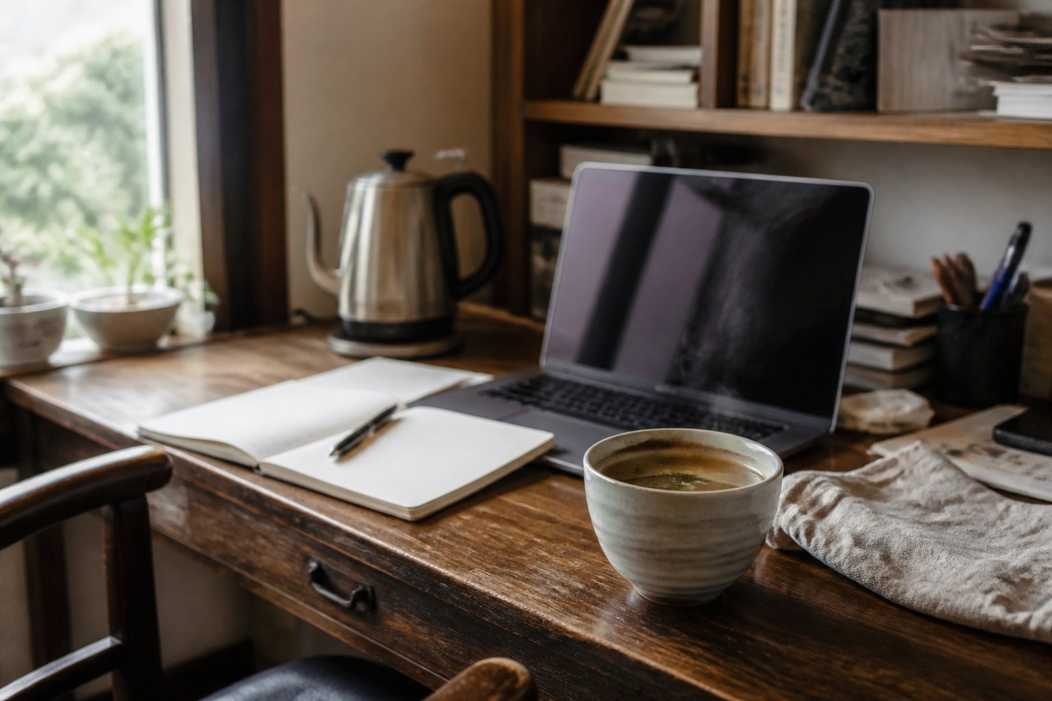 A steaming mug of broth on a desk between work sessions