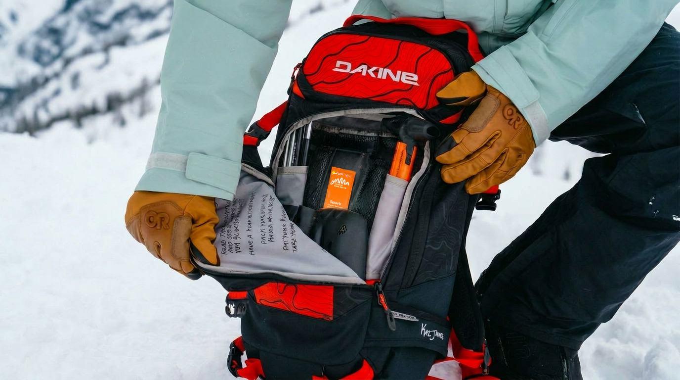 A Spark stick tucked into a backpack pocket in the snow