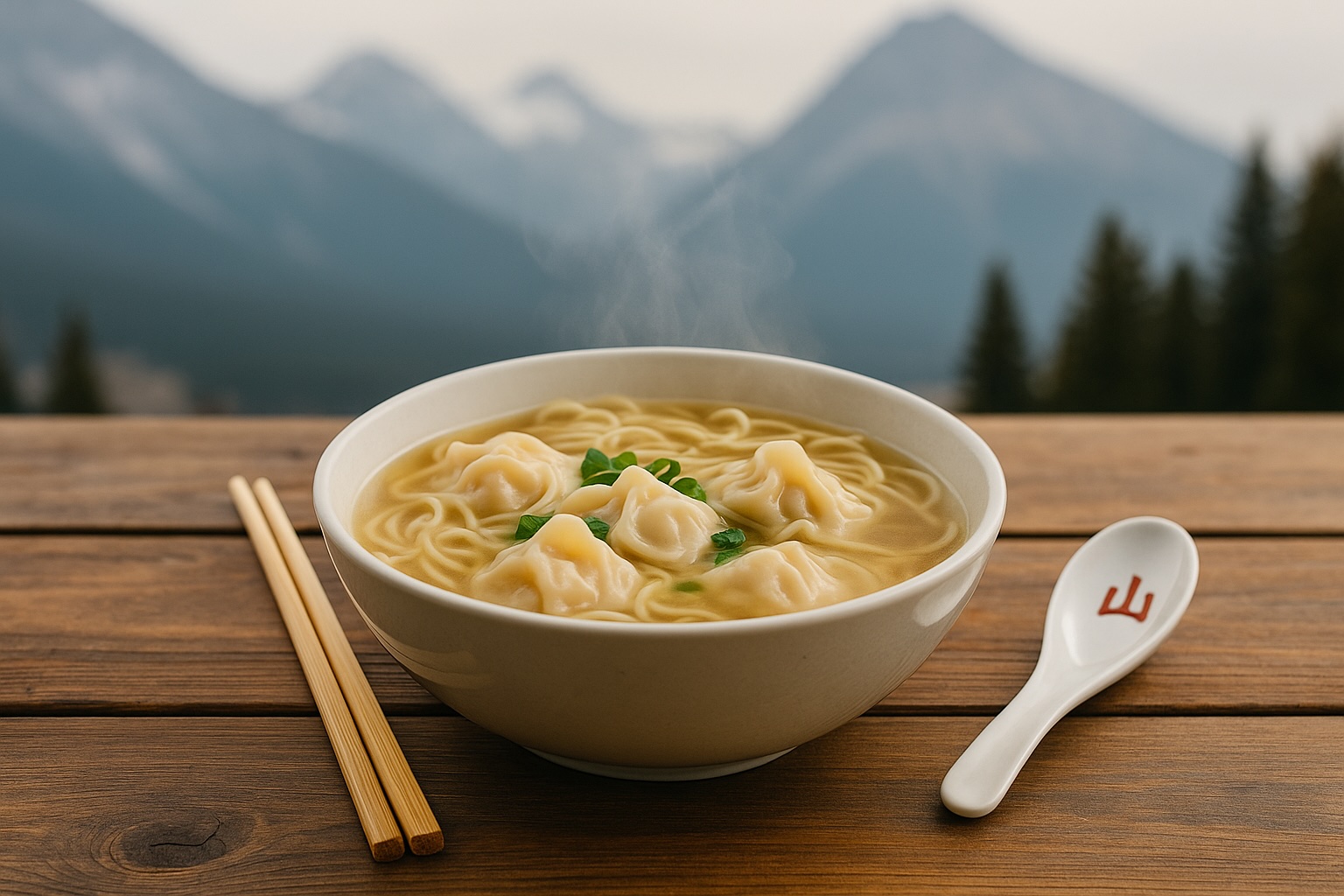 Steaming wonton soup bowl with mountains